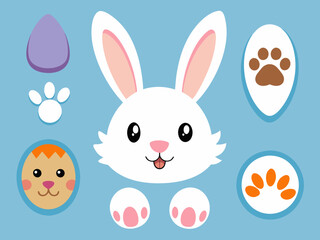 Cartoon bunny elements. Cute bunny footprint trail, paws, ears and faces. Funny bunnies head and muzzle. Decorative element for Easter. Printable stickers scrapbooking. Vector set
