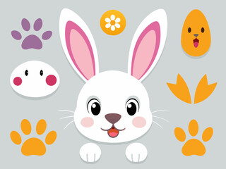 Cartoon bunny elements. Cute bunny footprint trail, paws, ears and faces. Funny bunnies head and muzzle. Decorative element for Easter. Printable stickers scrapbooking. Vector set
