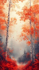 Misty Autumn Forest with Birch Trees and Vibrant Red Foliage