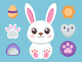Cartoon bunny elements. Cute bunny footprint trail, paws, ears and faces. Funny bunnies head and muzzle. Decorative element for Easter. Printable stickers scrapbooking. Vector set
