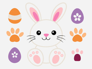 Cartoon bunny elements. Cute bunny footprint trail, paws, ears and faces. Funny bunnies head and muzzle. Decorative element for Easter. Printable stickers scrapbooking. Vector set
