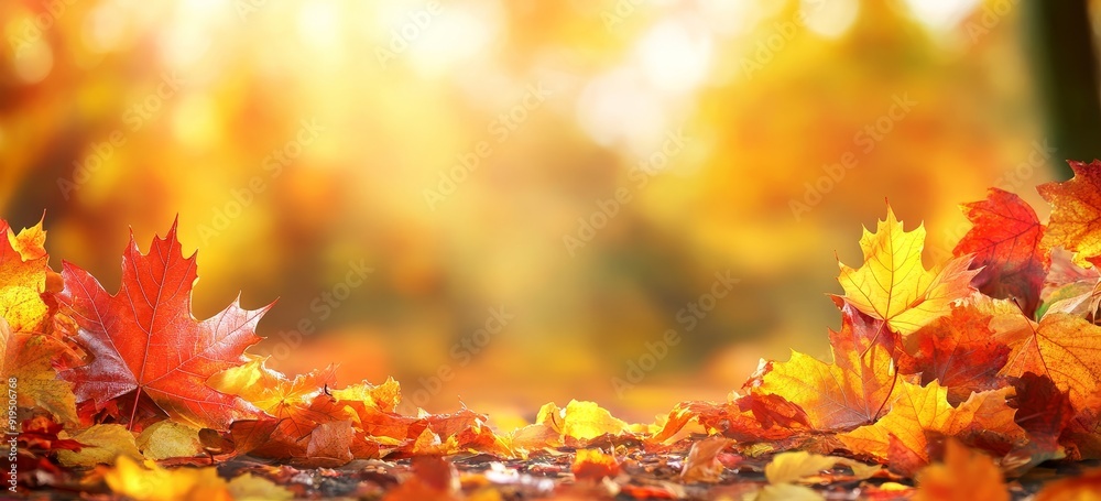 Sticker In a natural park, autumnal maple leaves fall and lie on the ground.