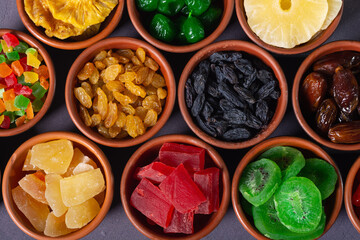 Group of dried and candied fruit in bowl