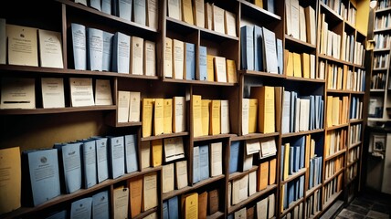 Library Shelves with Blue and Yellow Books