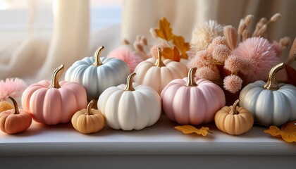 whimsical autumn still life with pastelhued mini pumpkins soft focus ethereal lighting delicate shadows dreamy atmosphere