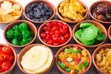 Group of dried and candied fruit in bowl