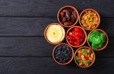 Group of dried and candied fruit in bowl