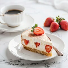 Classic cheesecake with fresh strawberry with cup of coffee on white table. Close Up view. Tasty breakfast. Piece of cake on plate, white cup on white marble