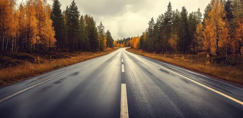 Fototapeta premium Stunning autumnal landscape of a country highway curved by a natural park.