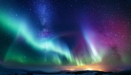 Celestial Aurora - Galaxy scene with colorful auroras streaming through space clouds glowing. Graphic art illustration background