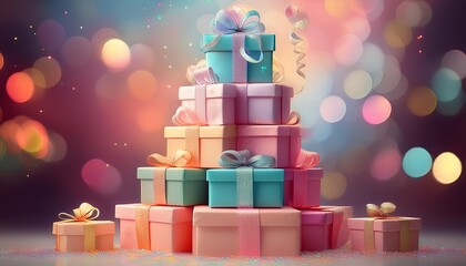 Obraz premium whimsical tower of colorful gift boxes ribbon swirls sparkling bokeh background soft pastel color scheme
