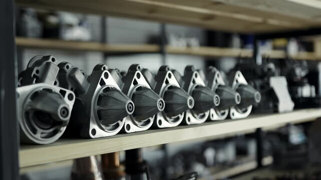 Car parts on racks or car starters ready for shipment lie in a warehouse