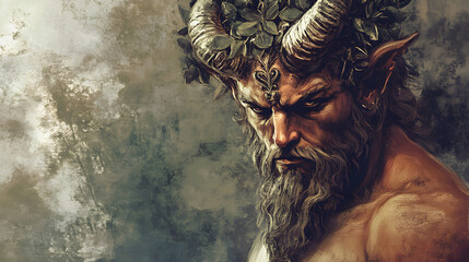 Greek mythology creature satyr illustration. half man and goat with horns and hooves