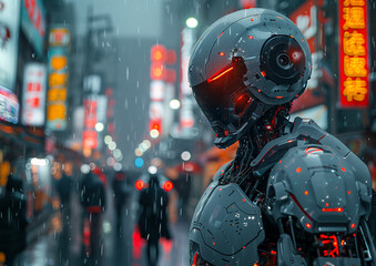 Naklejka premium Cyborg walks through a bustling, neon-lit nighttime city, blending in with the crowd yet distinguishing himself from it, his mechanical eyes scanning the environment 