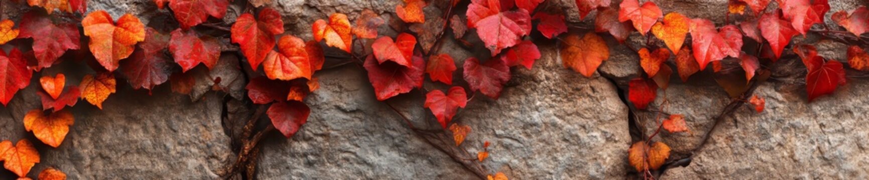 A backdrop of ivy with red leaves covering an old stone wall.