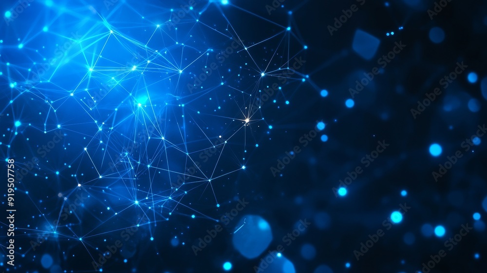 Poster technology connected internet network with polygonal multicolored dots and lines on a dark blue back