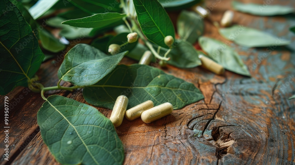 Wall mural andrographis capsule and leaves for medicinal purposes on wooden surface with empty room