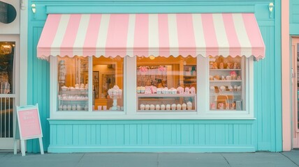 Fototapeta premium A charming pastel-colored storefront with a striped awning, showcasing sweets and treats in a delightful display.