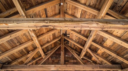 An aged wooden roof supported by wooden beams