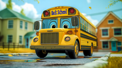 An unusual and funny cartoon school bus with eyes on the background of a modern school. Back to school. Education, science and the study of new things.