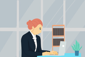 Cartoon Businesswoman Working at Computer Clipart.