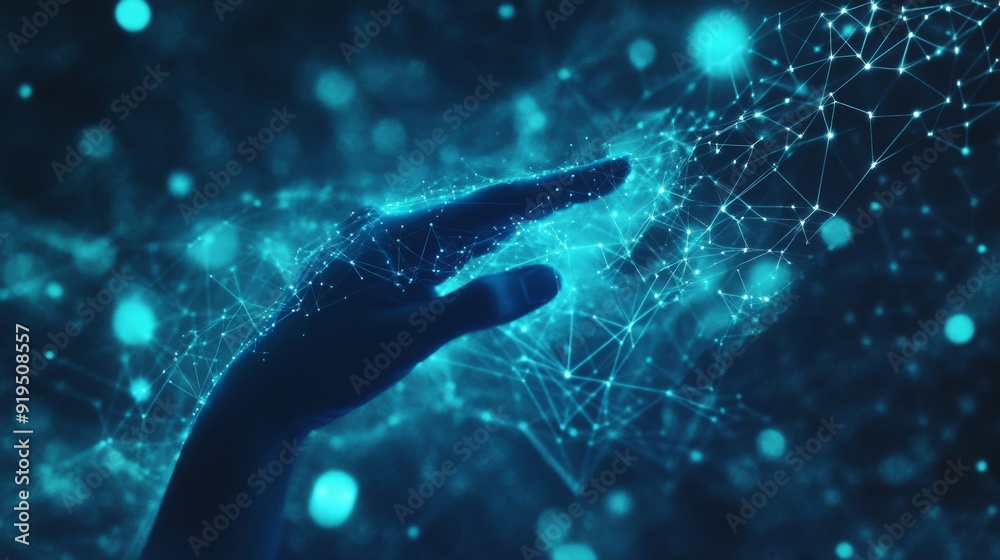 Poster background of hands touching a digital transformation screen. dots and lines connecting futuristic c
