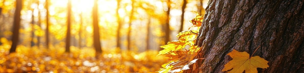 In an autumnal park, a panoramic close-up view of a chestnut tree.