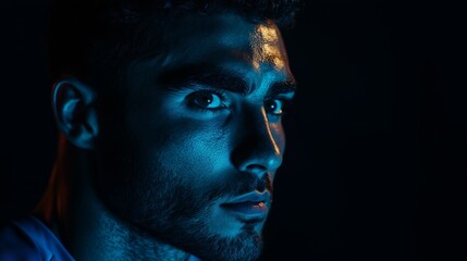 Young man in dramatic lighting gazes intensely with mysterious expression in dark setting