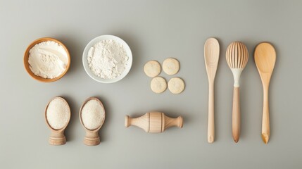Baking essentials for making cookies on a grey background