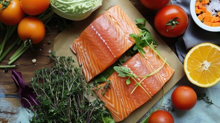 Balanced pescetarian diet featuring organic salmon and produce from above