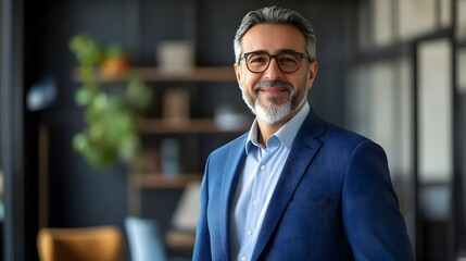 Fototapeta premium Confident Businessman Wearing Suit and Eyeglasses Smiling at in Office Environment