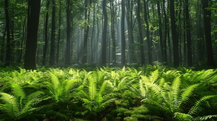 Fern Forest Floor: A dense carpet of ferns covering the forest floor, with shafts of light breaking through the canopy, highlighting the vibrant green leaves.