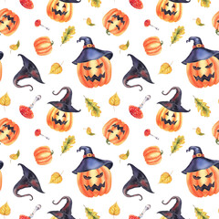 Pumpkin in a hat for Halloween. Watercolor seamless pumpkin pattern with faces, fly agarics, maple and birch leaves, hand-painted on a white background. Collage for designers, decorations, postcards.