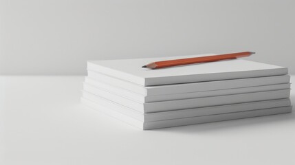 Blank paper stack and pencil on white background Creative block or fresh novel start