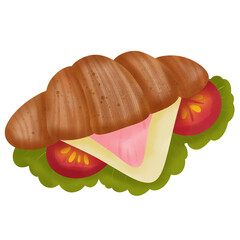 Cartoon Croissant Bread Stuffed with Vegetables and Sausage, Decorative Illustration for Logo, Clipart & Commercial Use.