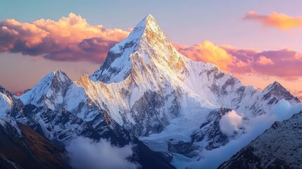 Fototapeta premium anoramic view to summit Ama Dablam and snow peaks with beautiful light after sunset in Nepal