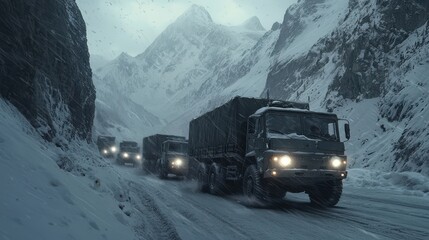 A convoy of military trucks moving through a snowy mountain pass, their headlights cutting through the falling snow as they navigate the treacherous terrain 