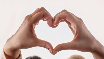 Obraz premium Multiethnic business team of happy coworkers in formal clothes making hand heart gesture, promoting support, charity, volunteering, looking at camera