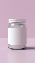 Minimalist Clear Glass Jar With White Lid And Blank Label On Pink Background