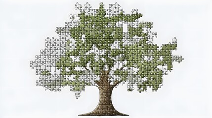 Fototapeta premium Jigsaw Puzzle with Pieces Forming a Tree. An illustration of jigsaw puzzle pieces arranged to form the shape of a tree. The pieces are in green and brown colors. The background is white, providing