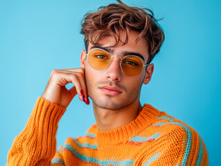 Young homosexual man in trendy wear with manicure and modern haircut looking at camera on blue background