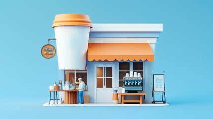 A small coffee shop with a giant cup exterior during daylight hours