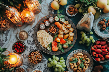 A flat lay of a Ramadan iftar snack spread Islamic