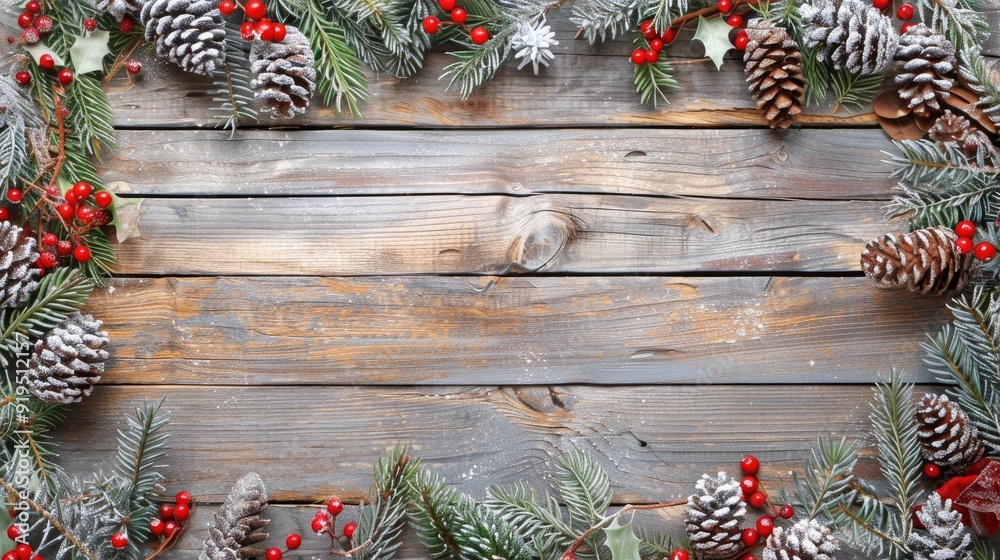 Wall mural Christmas themed border on rustic wood with space for text