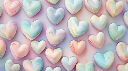 Obraz premium A vibrant arrangement of pastel-colored hearts on a smooth, gentle background, perfect for celebrations