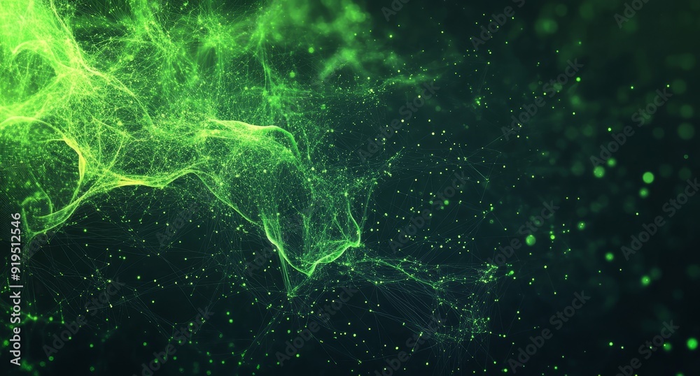 Poster green abstract banner with a network grid and particles connected. abstract polygonal background wit