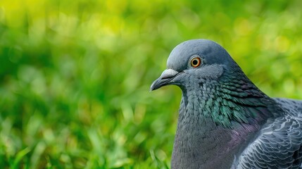Obraz premium Close up of a gray garden bird head with copy space against green grass