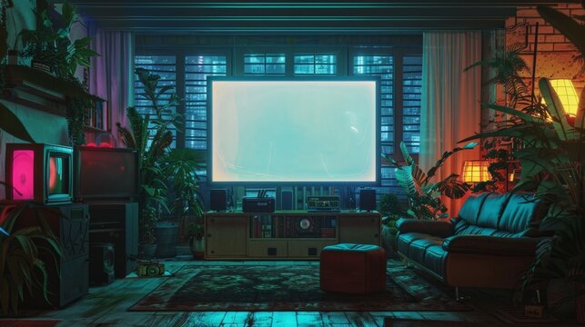 Cozy retro-styled living room at night with neon lights, vintage electronics, houseplants, and a large screen. The warm ambiance and eclectic decor create a nostalgic and inviting atmosphere. - Powered by Adobe