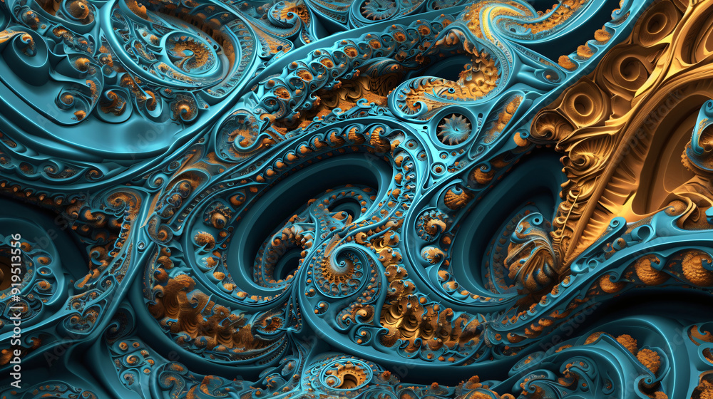 Poster beautiful fractal art piece featuring an ornate pattern repeating into infinity, with turquoise and 