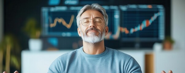A serene businessman enjoying a moment of tranquility amidst financial charts and data, showcasing mindfulness in the workplace.